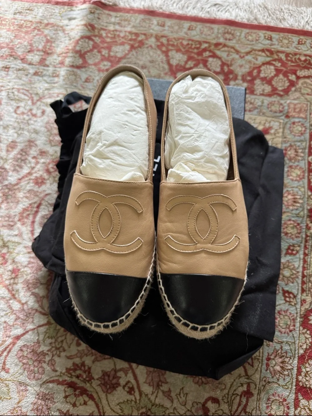 CHANEL Beige Leather Espadrilles with Black Toe Cap - Picture 2 of 6